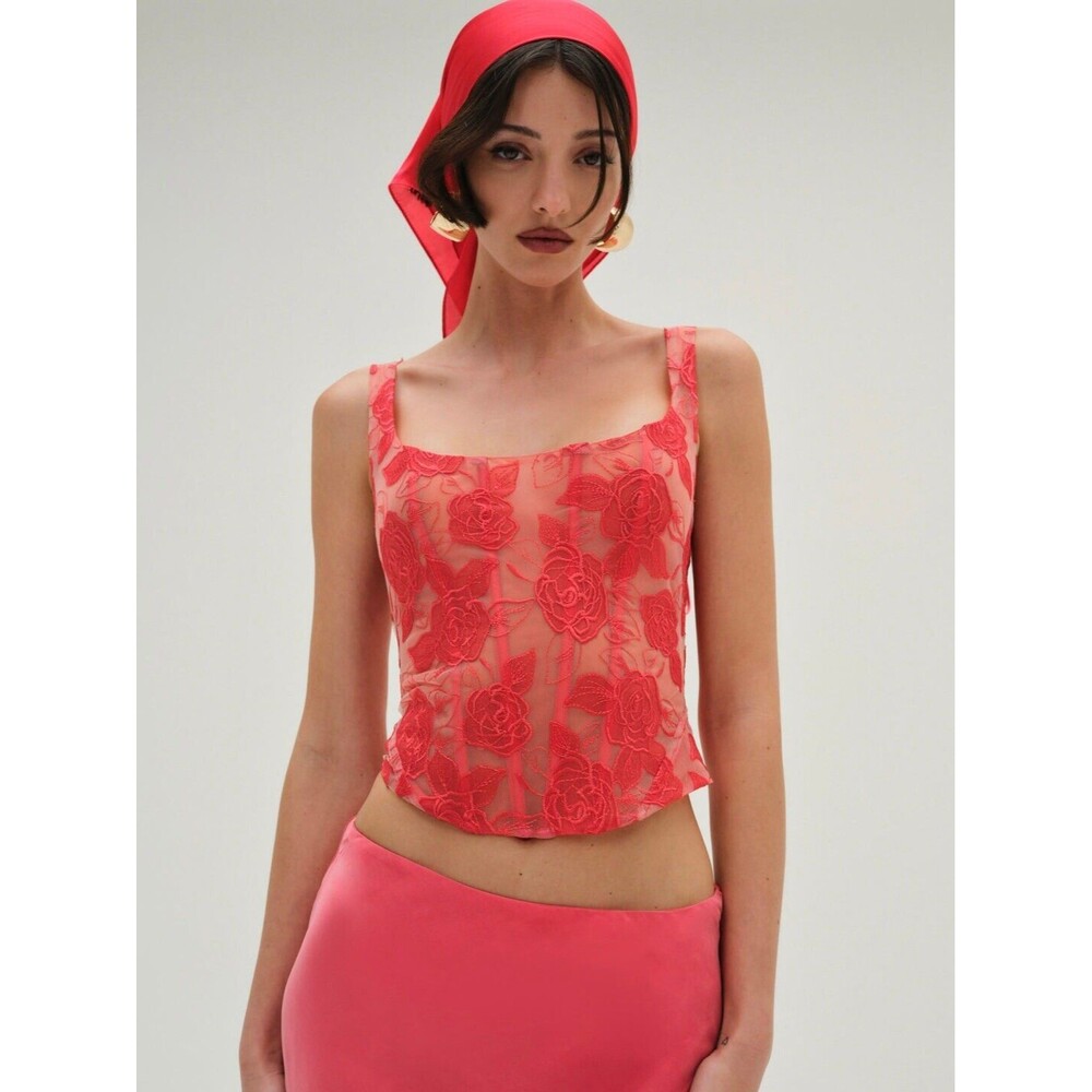 NWT For Love & Lemons Red Floral Sheer Corset Tank